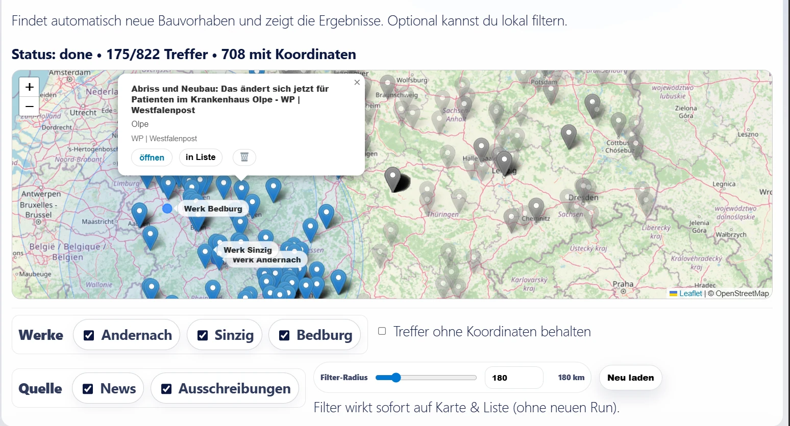 The Project Radar interface showing filtered construction projects