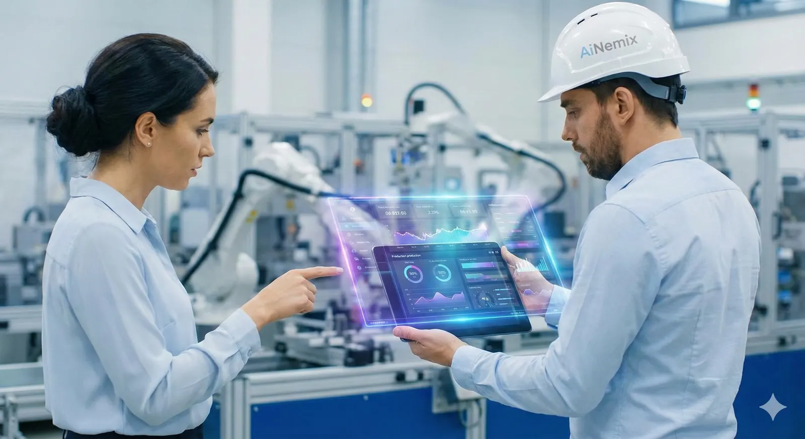 Two people on a production floor looking at figures on a tablet