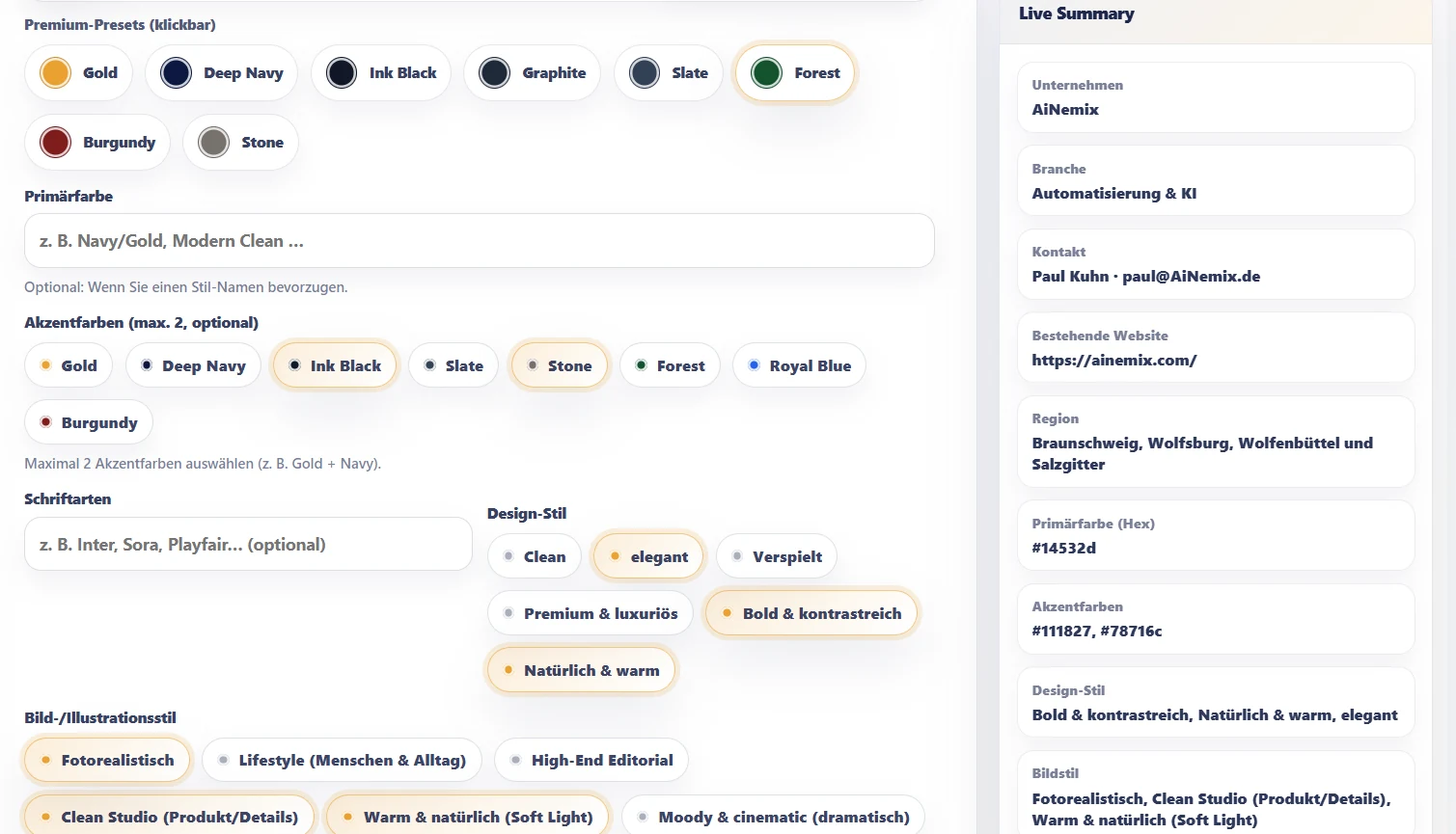 The Website Generator interface