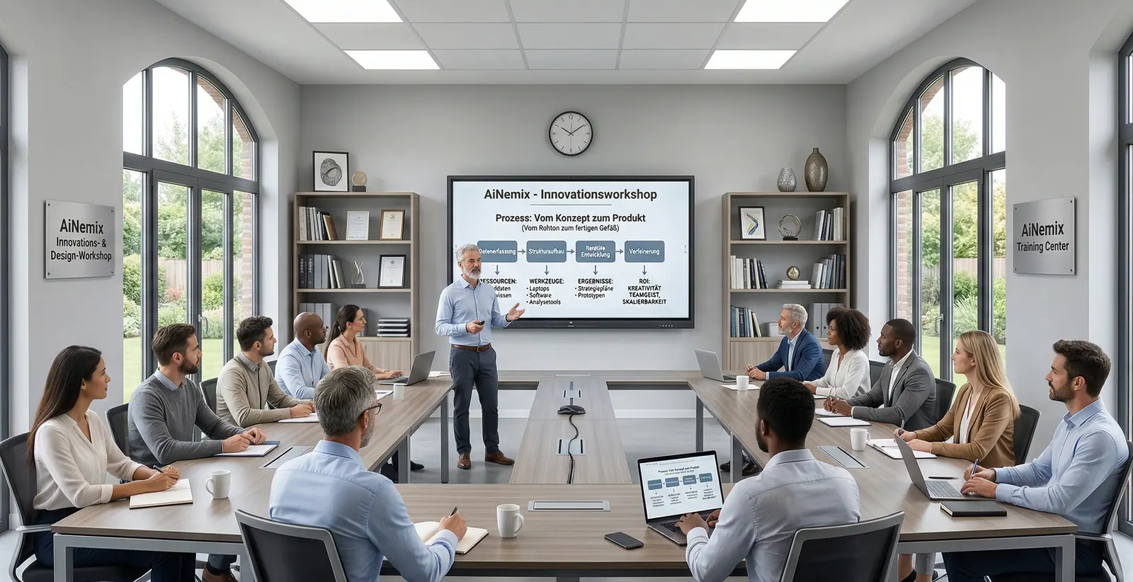 Participants around a workshop table in front of a process diagram
