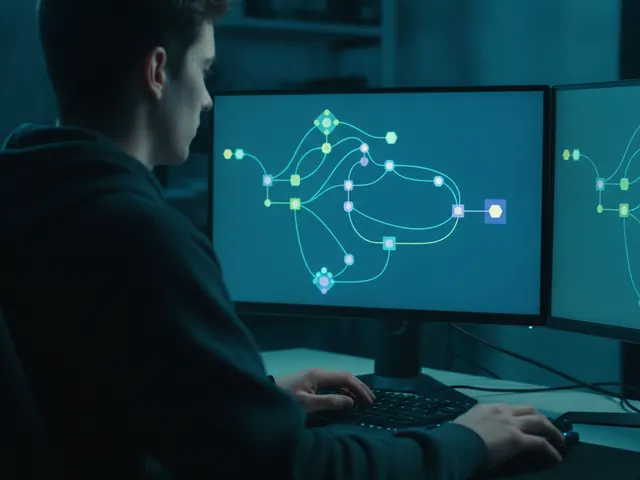 Developer in front of two screens showing an automation workflow