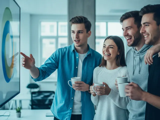 Small team looking at a large screen together