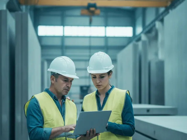 Developer with a laptop next to a plant foreman in a precast hall