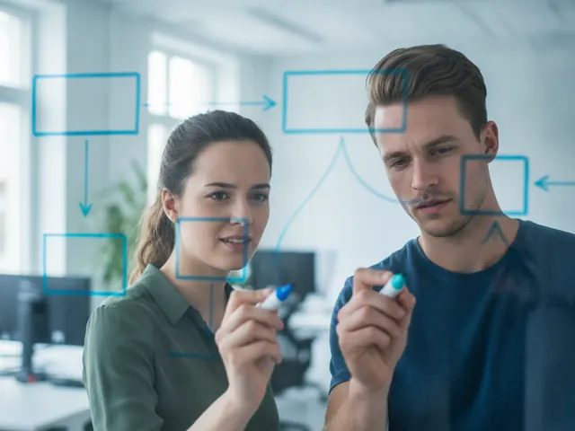 Two developers sketching a process on a glass wall
